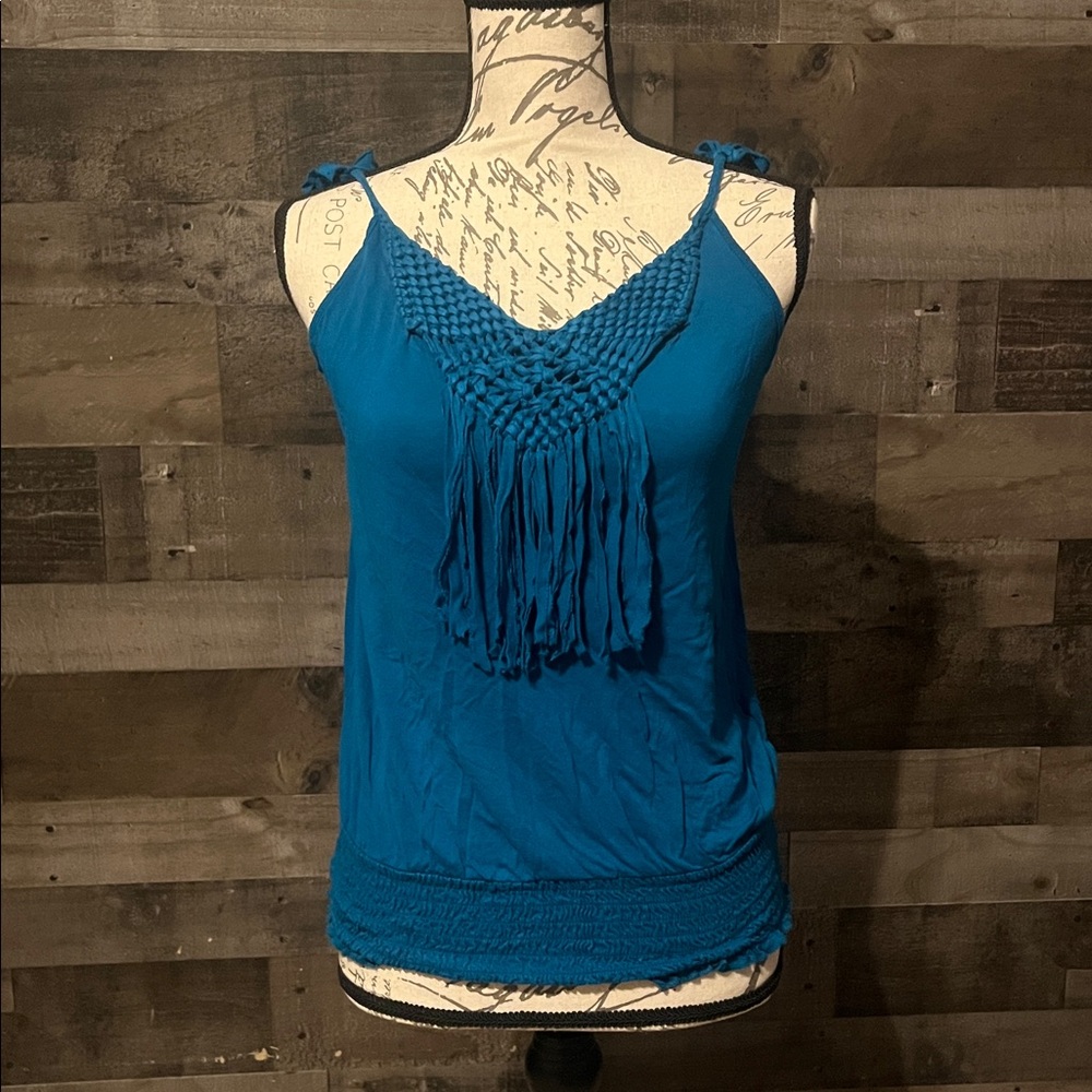 Decree Blue Ruched Braided Strap Tank Top